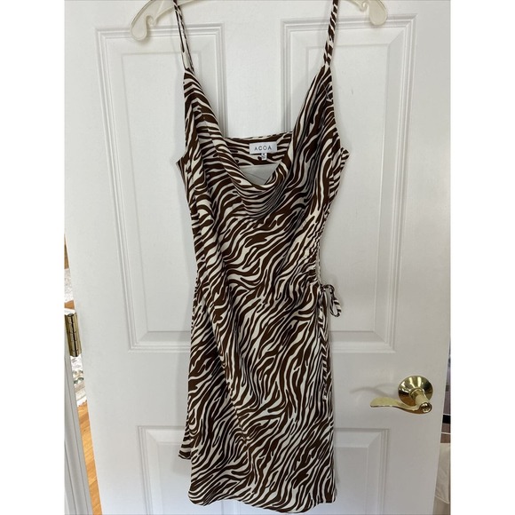 ACOA Zebra brown beige Satin Rouched Slip Dress Size Medium open at side lined - Picture 1 of 12